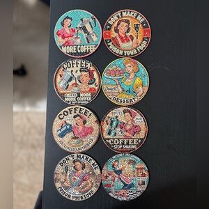Hand Embellished Retro Housewife Diamond Art Coffee Coaster Set w Holder